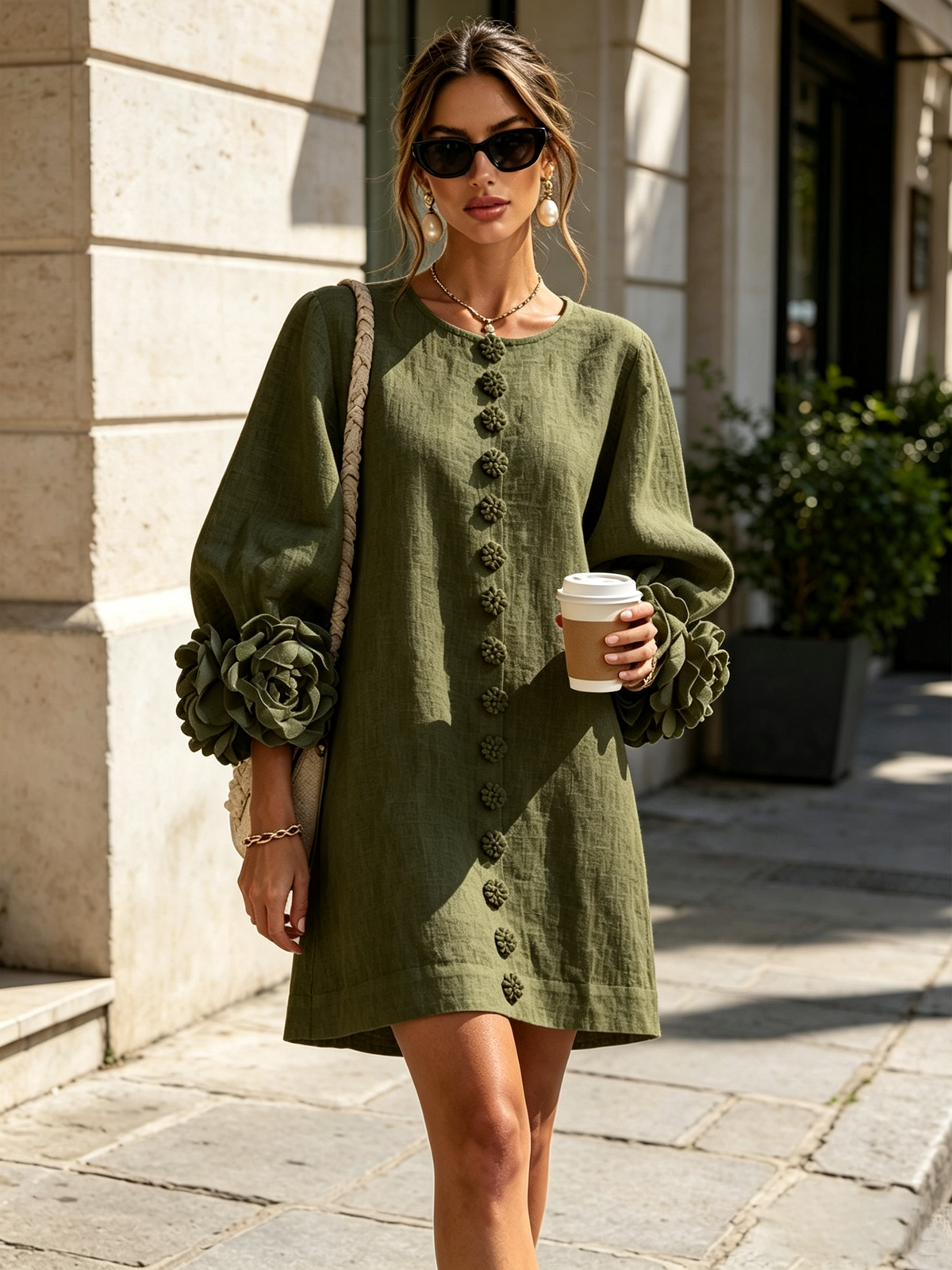 Flavia · Vestido mini con puños de flor verde oliva — vista 4
