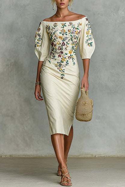 Petra · Vestido midi floral hombros descubiertos — Nola Bellari