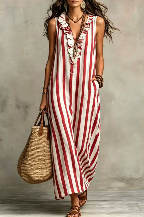 Vega · Vestido midi rayas volantes — Nola Bellari