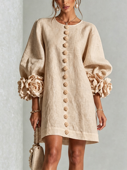 Carlotta · Vestido mini con puños de flor beige — Nola Bellari