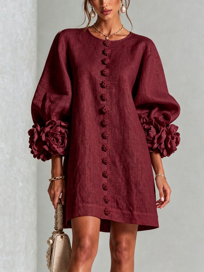 Ilaria · Vestido mini con puños de flor burdeos — Nola Bellari