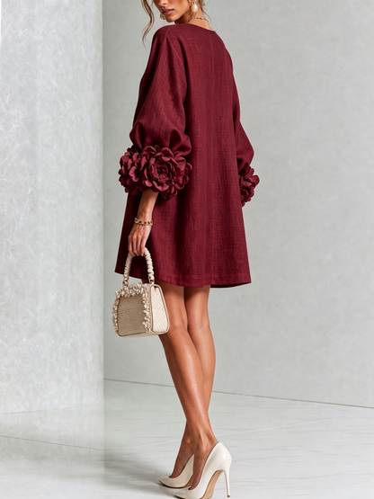 Ilaria · Vestido mini con puños de flor burdeos — vista 3