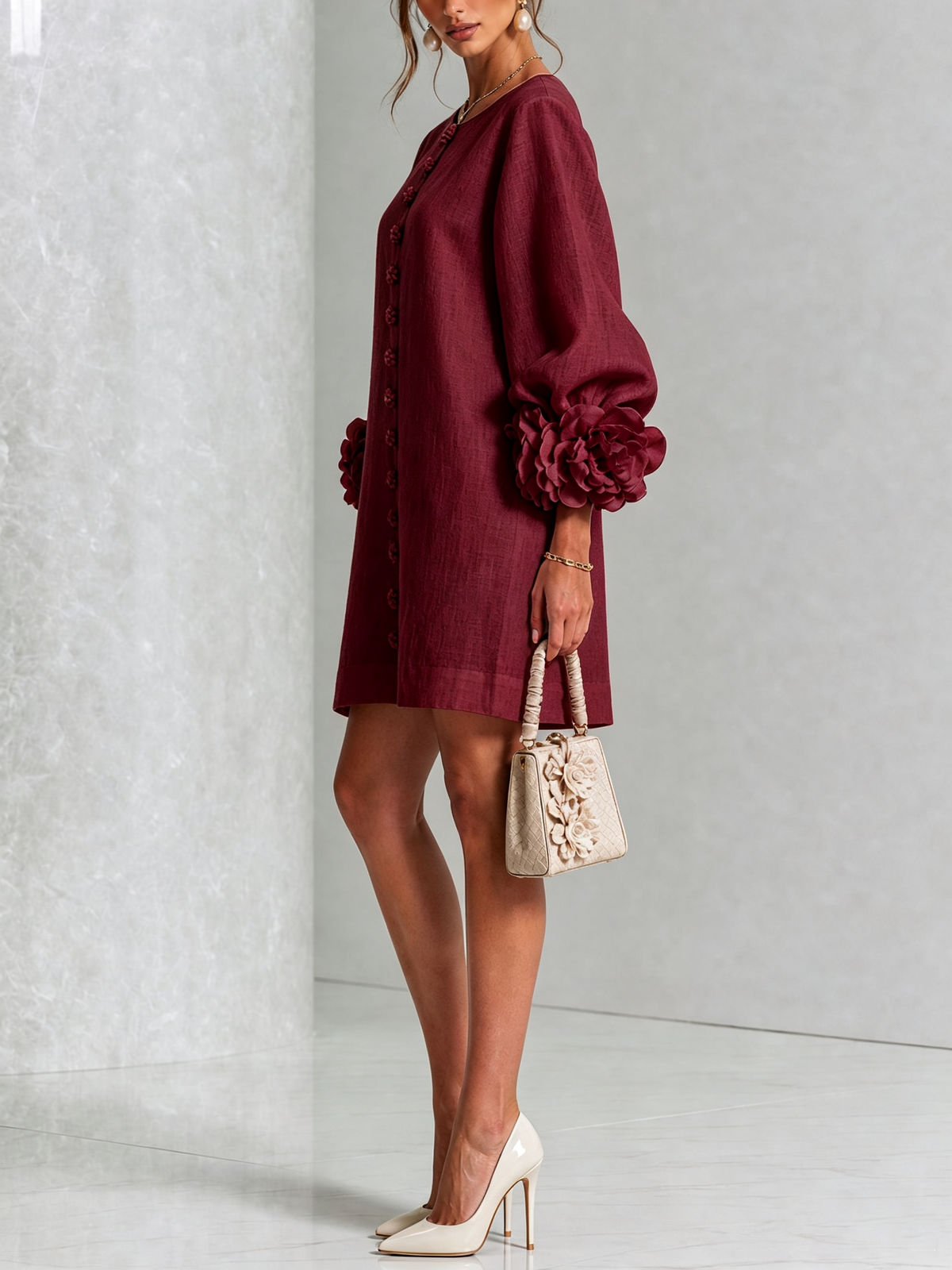 Ilaria · Vestido mini con puños de flor burdeos — vista 2