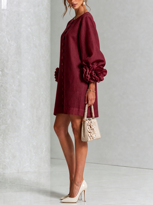 Ilaria · Vestido mini con puños de flor burdeos — vista 2