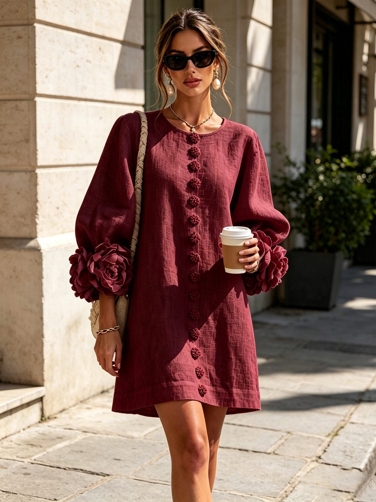 Ilaria · Vestido mini con puños de flor burdeos — vista 4