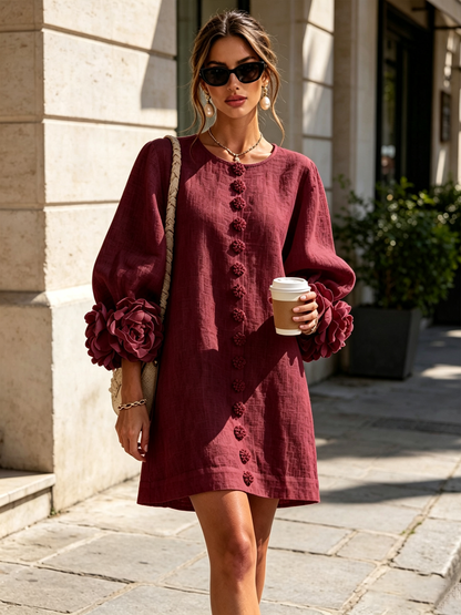 Ilaria · Vestido mini con puños de flor burdeos — vista 4
