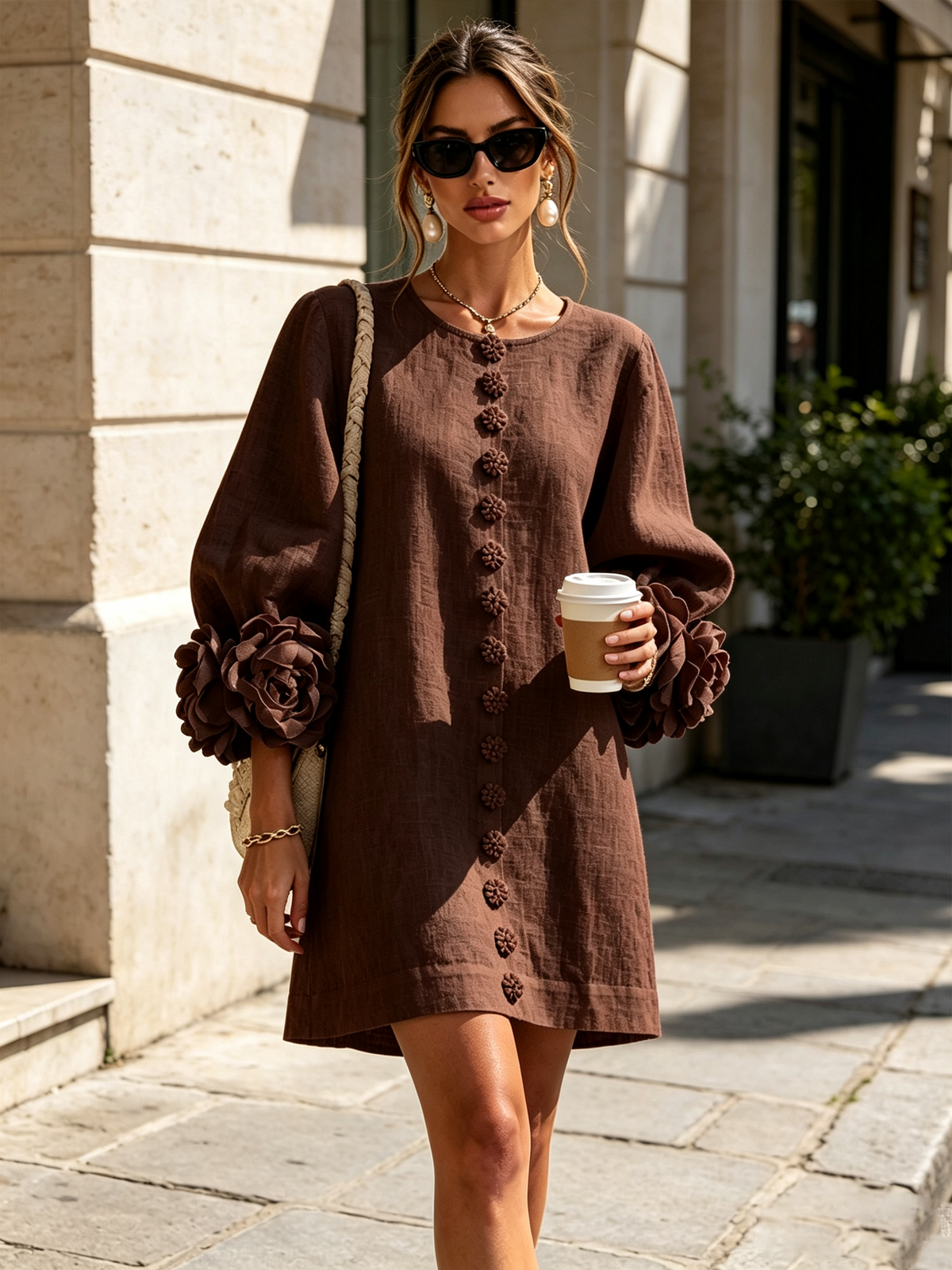Viola · Vestido mini con puños de flor chocolate — vista 4