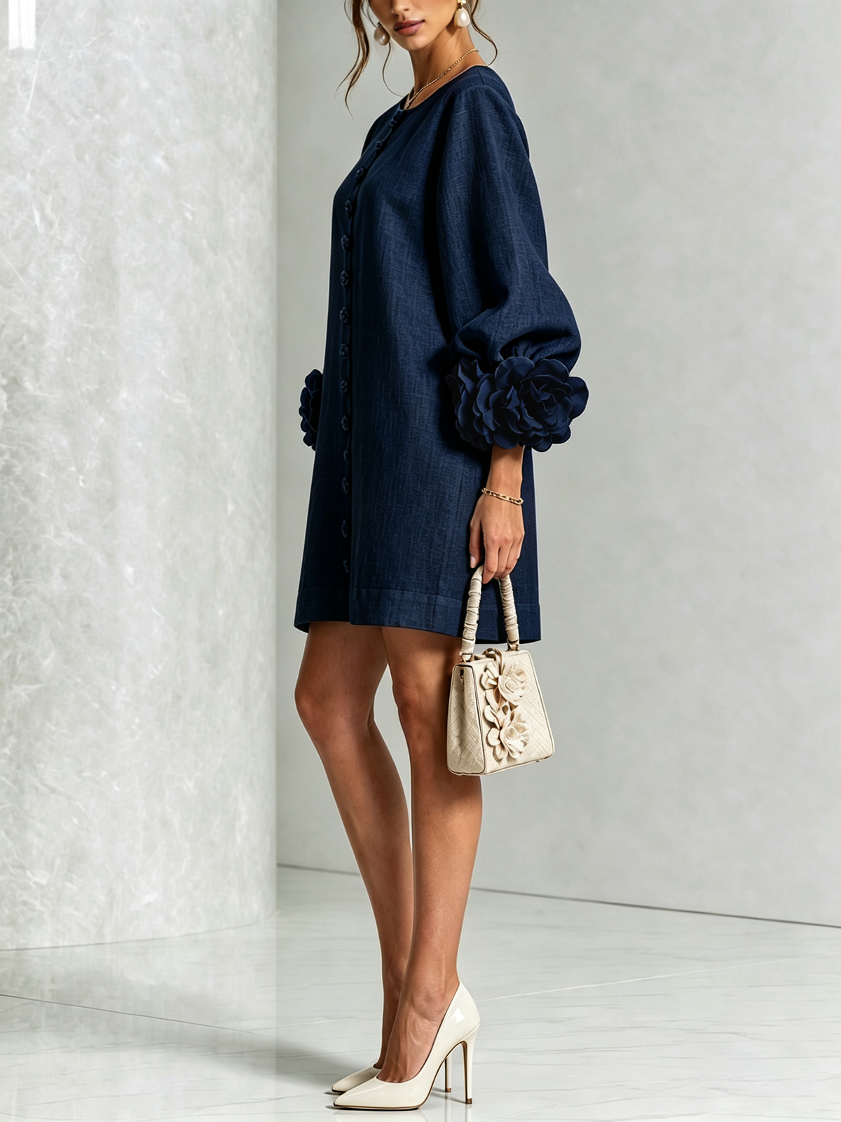 Eleonora · Vestido mini con puños de flor azul marino — vista 2