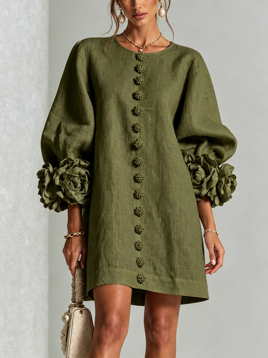 Flavia · Vestido mini con puños de flor verde oliva — Nola Bellari