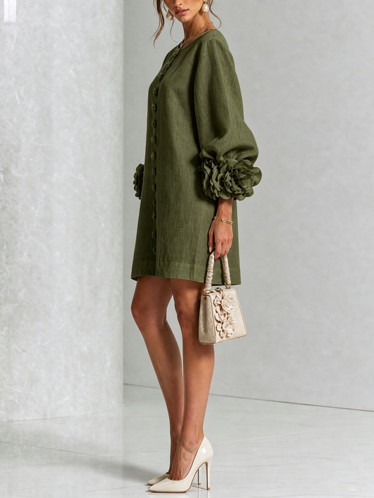 Flavia · Vestido mini con puños de flor verde oliva — vista 2
