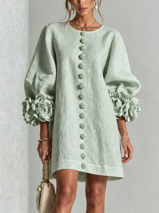 Greta · Vestido mini con puños de flor verde salvia — Nola Bellari