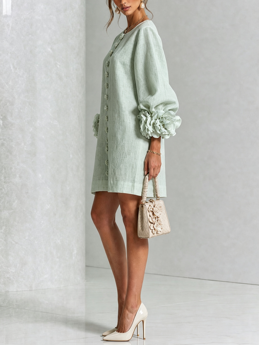 Greta · Vestido mini con puños de flor verde salvia — vista 2
