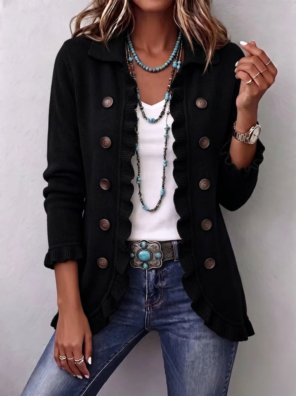 Zaira | Chaqueta de Canalé Negro Intenso con Rouches
