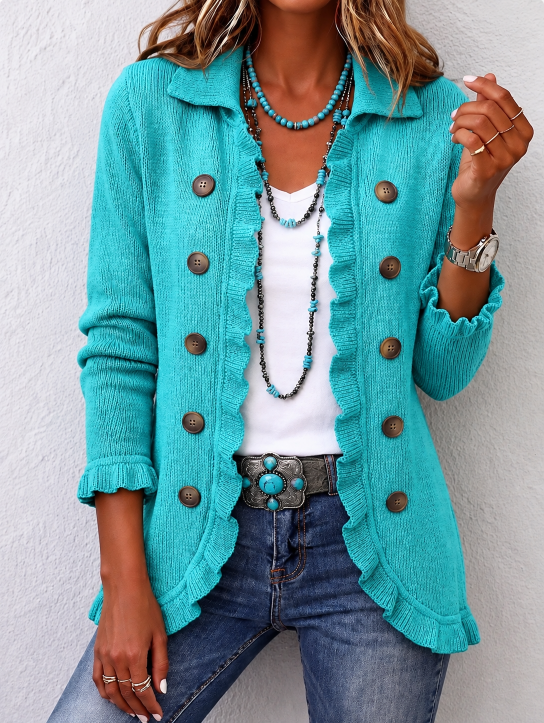 Silvana | Chaqueta de Canalé Turquesa con Rouches