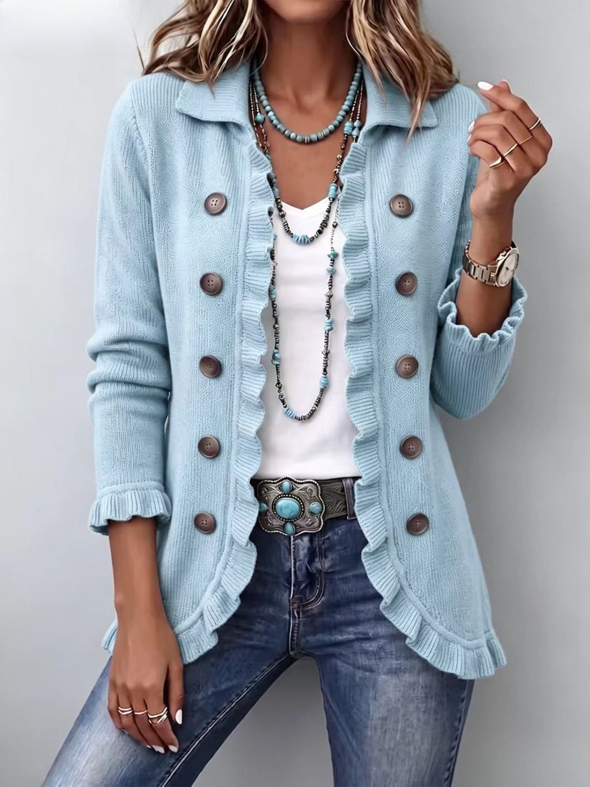 Perla | Chaqueta de Canalé Azul Polvo con Rouches