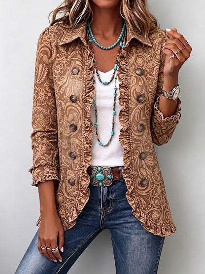 Noemi | Chaqueta Bohemia Floral Vintage Marrón con Rouches