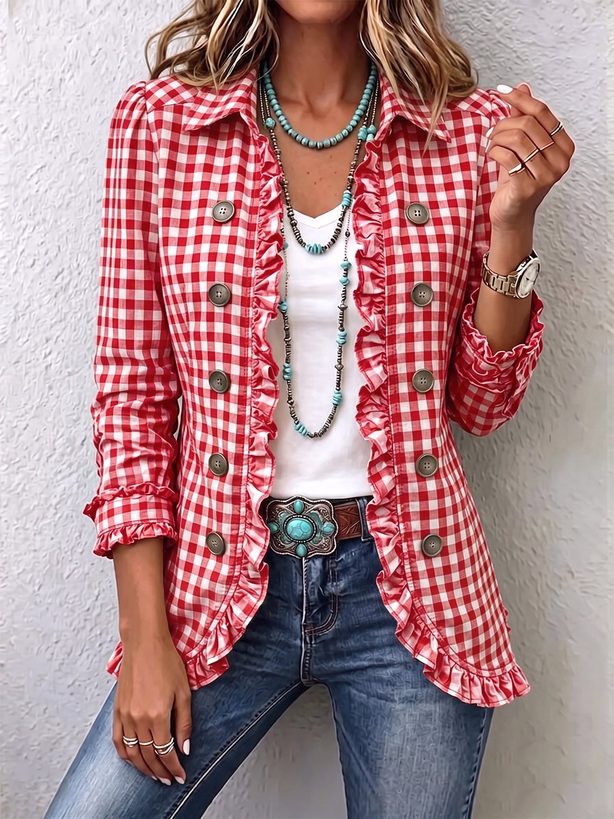 Giulia | Chaqueta de Cuadros Vichy con Rouches y Botones