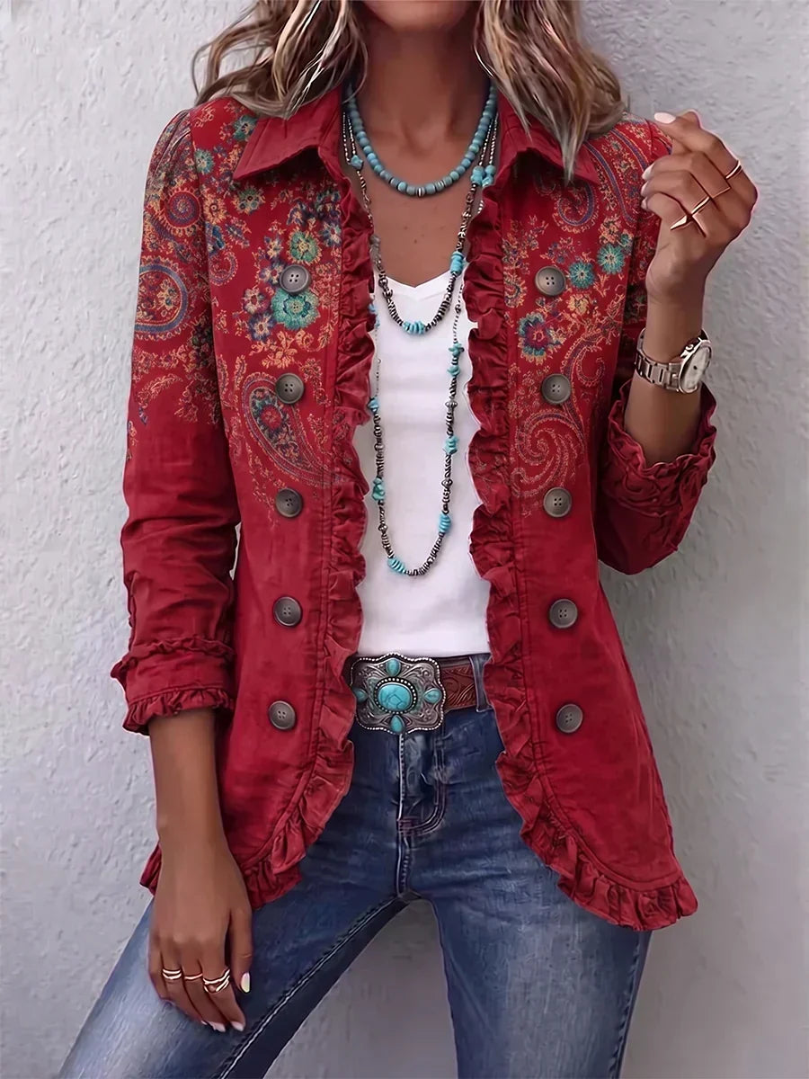 Carlotta | Chaqueta Bohemia Paisley Roja con Rouches