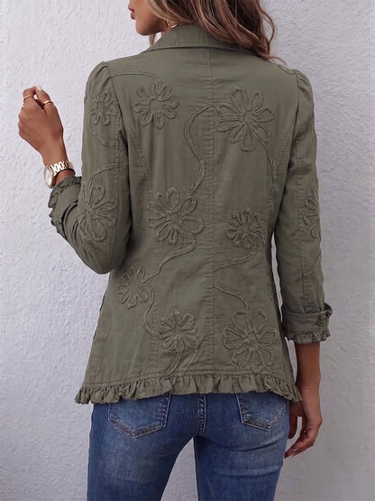 Alessandra | Chaqueta Bohemia Chic Bordada de Flores Verde Retro con Rouches