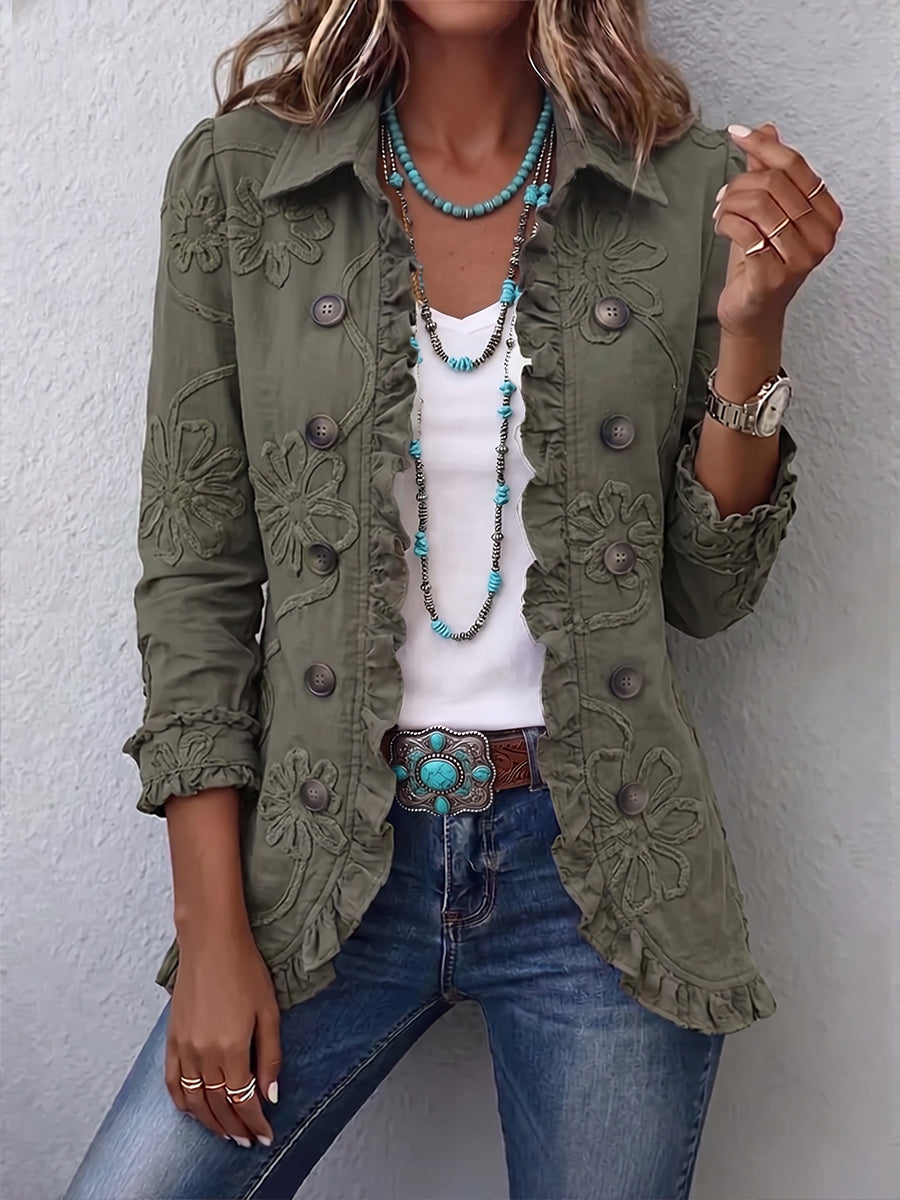 Alessandra | Chaqueta Bohemia Chic Bordada de Flores Verde Retro con Rouches