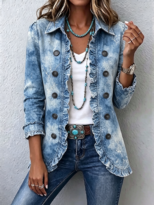 Ginevra | Chaqueta Bohemia Botánica Vintage Difuminada Azul con Rouches