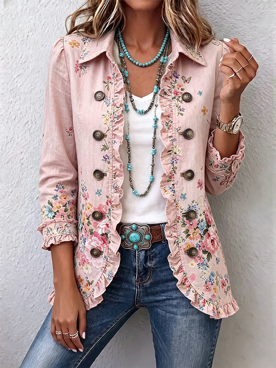 Martina | Chaqueta Floral Rosa con Rouches y Botones