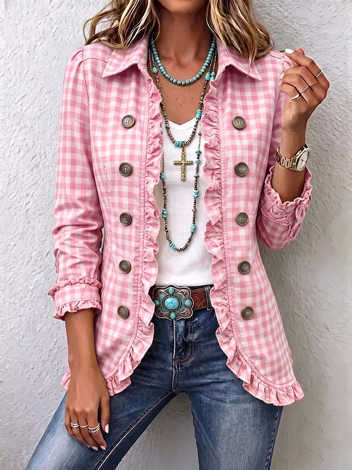Giulia | Chaqueta de Cuadros Vichy con Rouches y Botones