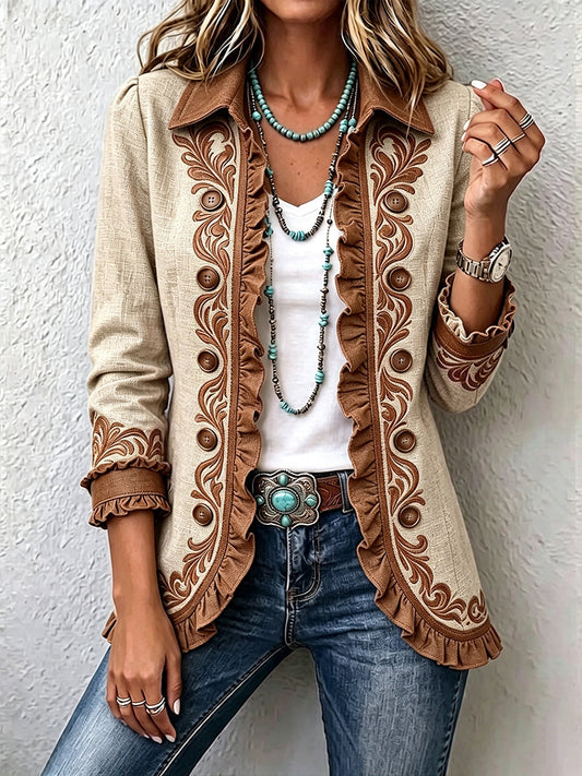 Ottavia | Chaqueta Bohemia Floral Vintage Camel y Marrón con Rouches