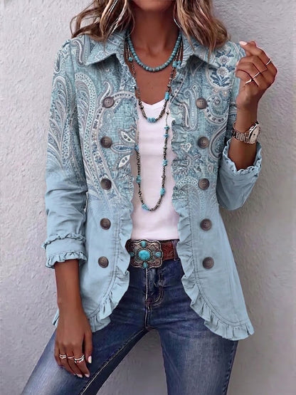 Emilia | Chaqueta Paisley Vintage Azul Cielo con Rouches