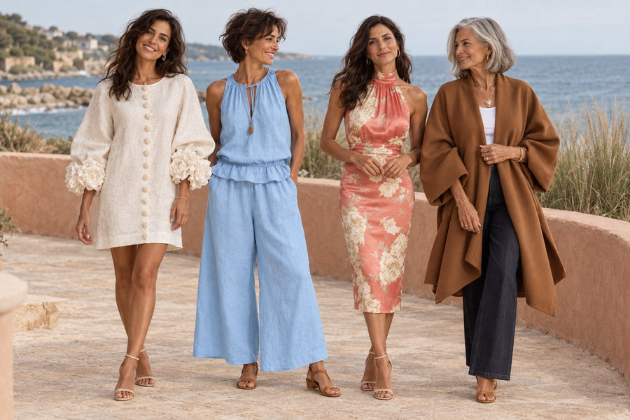 Cuatro mujeres con prendas distintas de Nola Bellari junto al mar